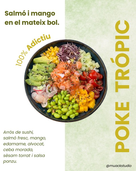Cartel de poke trópic con bowl de salmón y mango